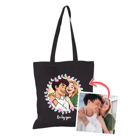 Borsa di tela effetto cartoon borsa cerchio di cuori con foto personalizzabile