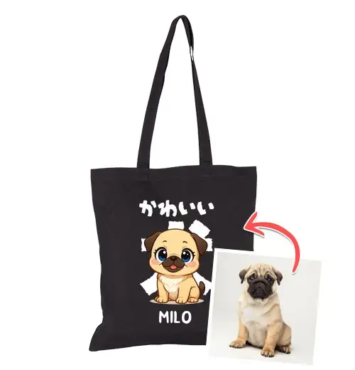 Borsa di tela effetto chibi cane carino borsa foto e nome personalizzabili