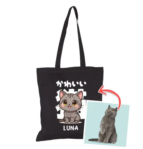 Borsa di tela effetto chibi gatto carino borsa foto e nome personalizzabili