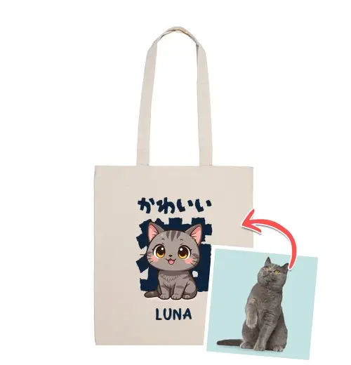 Borsa di tela effetto chibi gatto carino borsa foto e nome personalizzabili