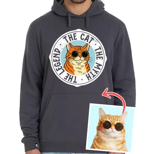 Felpa unisex con cappuccio effetto cartoon felpa the cat the myth the legend foto personalizzabile