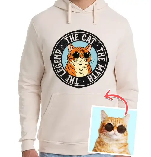 Felpa unisex con cappuccio effetto cartoon felpa the cat the myth the legend foto personalizzabile