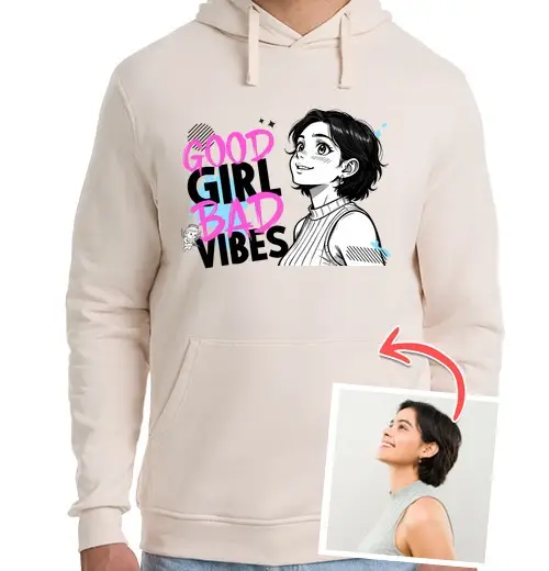 Felpa unisex con cappuccio effetto manga felpa good girl bad vibes foto personalizzabile