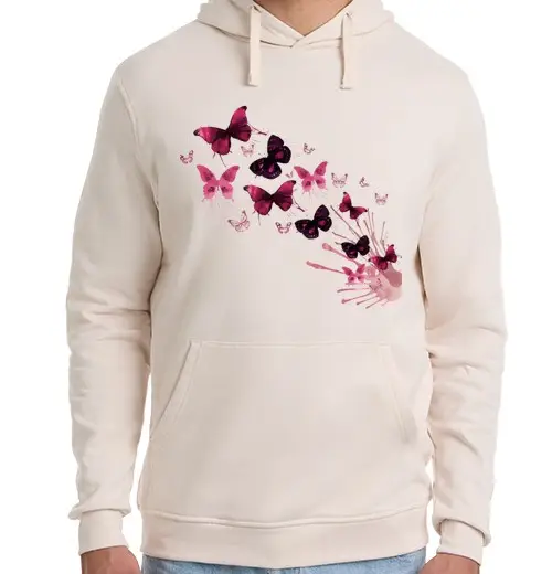 Felpa unisex con cappuccio farfalle svettanti indaco rosa brillant