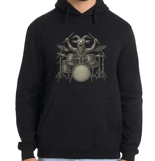 Felpa uomo con cappuccio batteria capra metallo rock demone heav