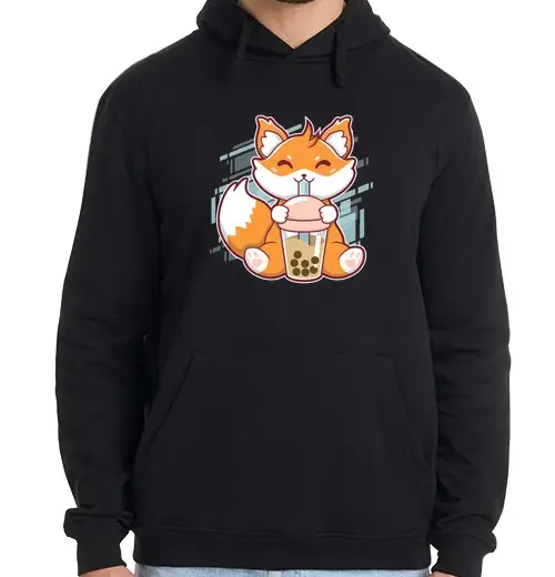 Felpa uomo con cappuccio carino volpe boba volpe bubble tea kawa