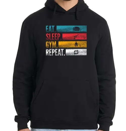 Felpa uomo con cappuccio mangiare dormire palestra ripetere per