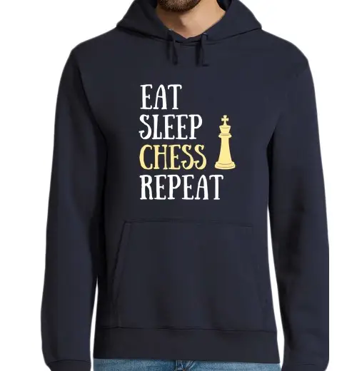 Felpa uomo con cappuccio mangiare dormire scacchi umorismo scacc