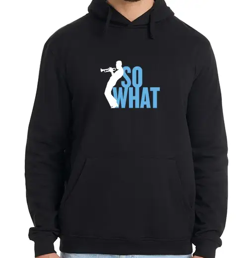 Felpa uomo con cappuccio miglia davis, quindi what blu e bianco. musica jazz