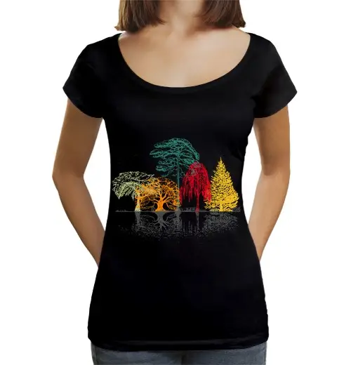 T-shirt da donna scollo amplio Loose Fit fauna selvatica autunnale alberi riflessione