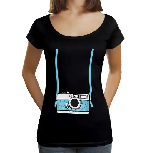 T-shirt da donna scollo amplio Loose Fit finta macchina fotografica finto turista divertente vacanza