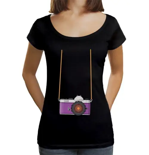 T-shirt da donna scollo amplio Loose Fit finta macchina fotografica turistica vacanza ferie