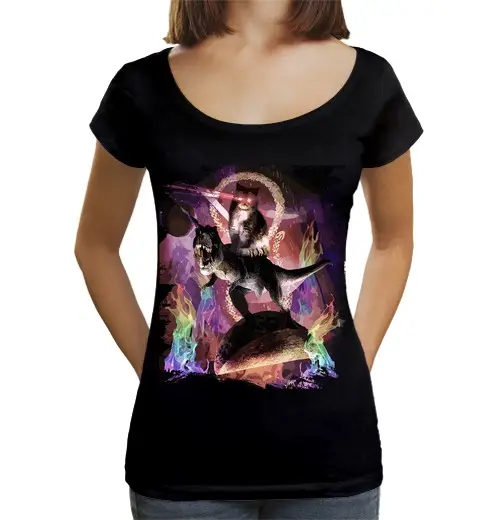 T-shirt da donna scollo amplio Loose Fit gatto laser spaziale malvagio su dinosauro