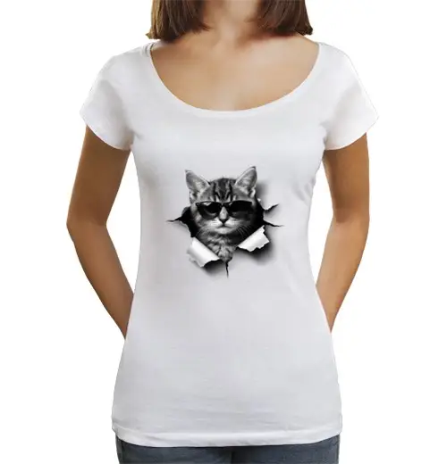 T-shirt da donna scollo amplio Loose Fit gattoto con occhiali da sole