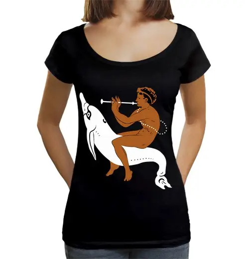 T-shirt da donna scollo amplio Loose Fit giovane etrusco che suona il flauto e