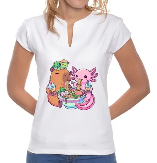 T-shirt donna colletto alla coreana carino axolotl capibara tartaruga ramen boba