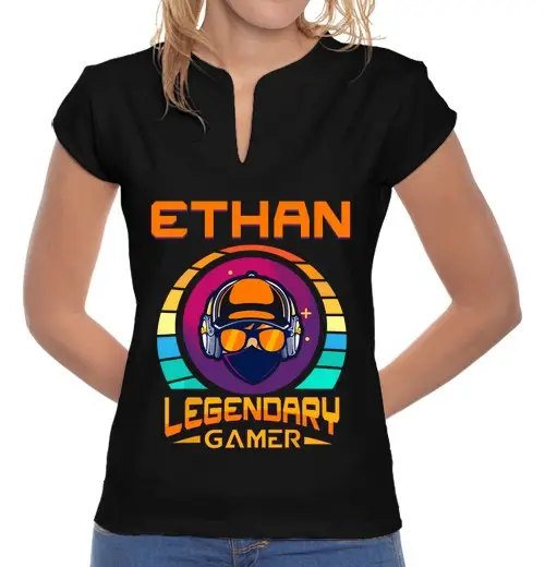 T-shirt donna colletto alla coreana ethan leggendario gamer personalizzato