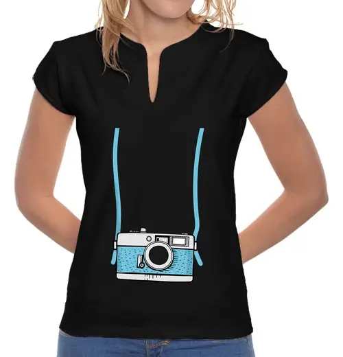 T-shirt donna colletto alla coreana finta macchina fotografica finto turista divertente vacanza