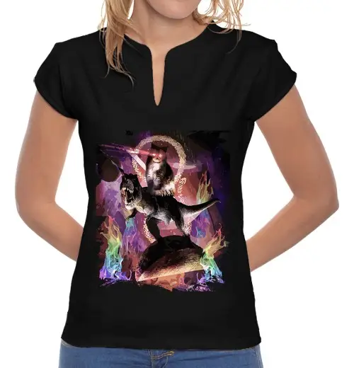T-shirt donna colletto alla coreana gatto laser spaziale malvagio su dinosauro