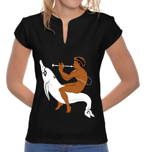 T-shirt donna colletto alla coreana giovane etrusco che suona il flauto e