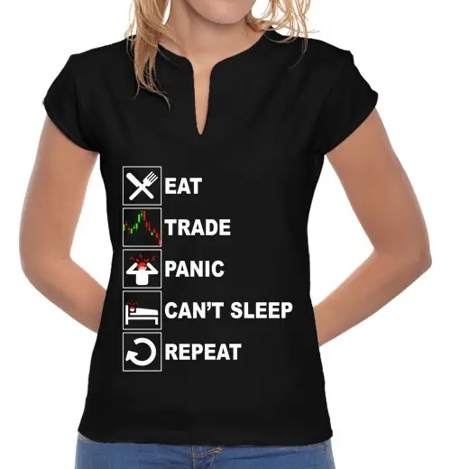 T-shirt donna colletto alla coreana mangia dormi scambia ripeti mercato azionario