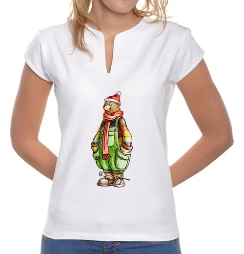 T-shirt donna colletto alla coreana orso con salopette, t-shirt