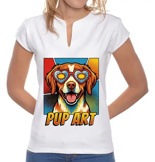T-shirt donna colletto alla coreana pop art brittany cane retrò