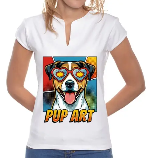 T-shirt donna colletto alla coreana pop art danese svedese cane da fattoria retro