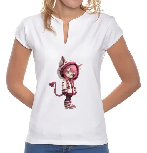 T-shirt donna colletto alla coreana ragazza gattoto anime carina