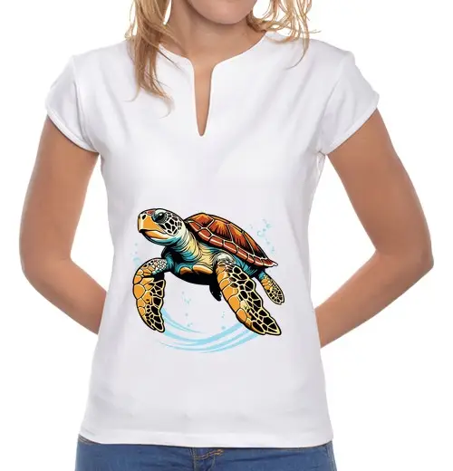 T-shirt donna colletto alla coreana Sea turtle