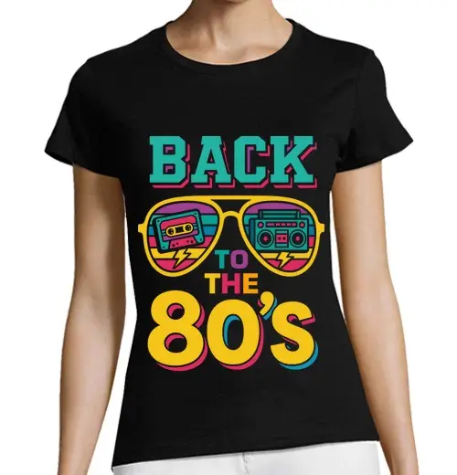 T-shirt donna taglio classico maniche corte back agli occhiali anni 3980 musica vin