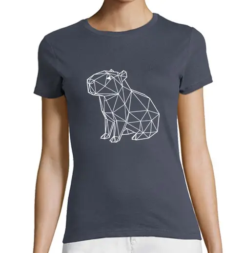 T-shirt donna taglio classico maniche corte capybara seduto linee bianche stile geometrico