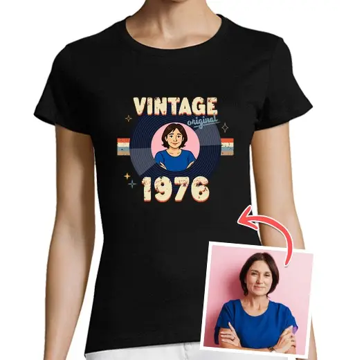T-shirt donna taglio classico maniche corte effetto illustrazione vintage maglietta vintage originale 1976 foto personalizzabile