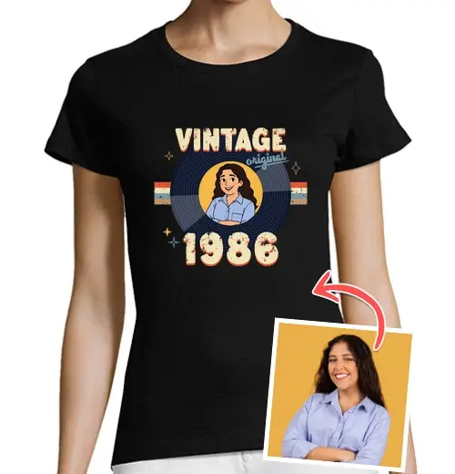 T-shirt donna taglio classico maniche corte effetto illustrazione vintage maglietta vintage originale 1986 foto personalizzabile
