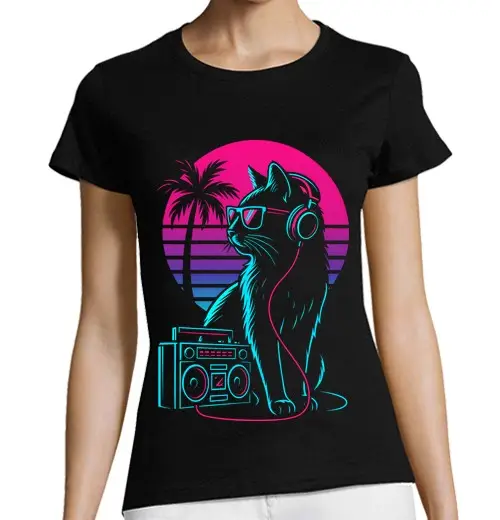 T-shirt donna taglio classico maniche corte musica cyberpunk al tramonto