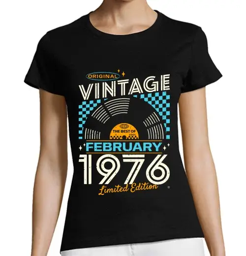 T-shirt donna taglio classico maniche corte vintage febbraio 1976