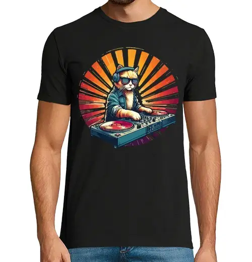 T-shirt uomo manica corta musica gatto deejay casa retro vintage