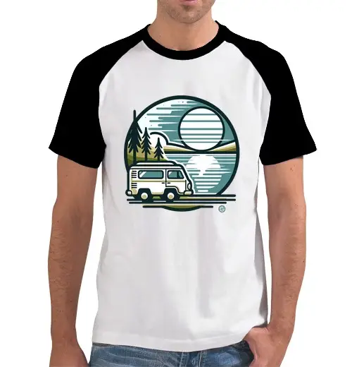 T-shirt uomo, manica corta, stile baseball camper sul lago