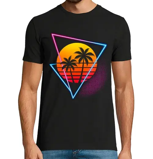 T-shirt uomo manica corta tramonto e palme al neon anni 3980