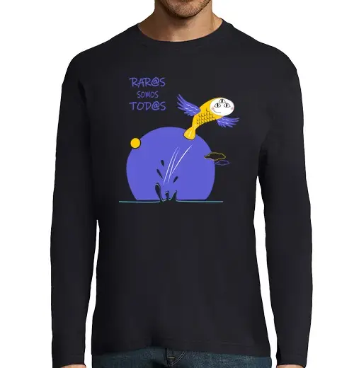 T-shirt uomo manica lunga raro - cerchio blu e pesce giallo - t-shirt manica lunga da uomo