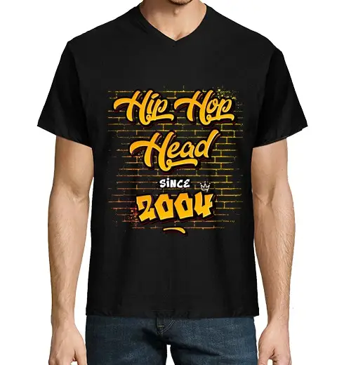 T-shirt uomo scollo a V hip hop head dal 2004 21 anni di