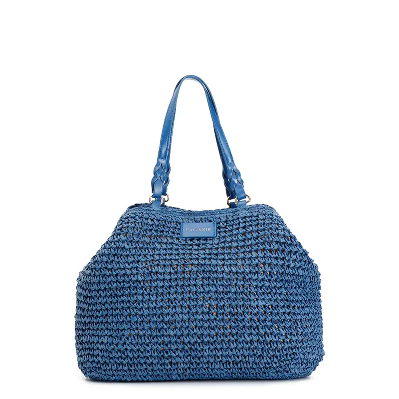 tote a lavorazione crochet con charm colorato a cuore con bordo in rafia blu