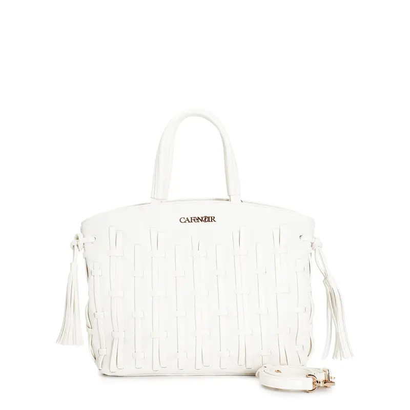 tote con infilatura di mignon, fianchi increspati con nodo e nappina bianco