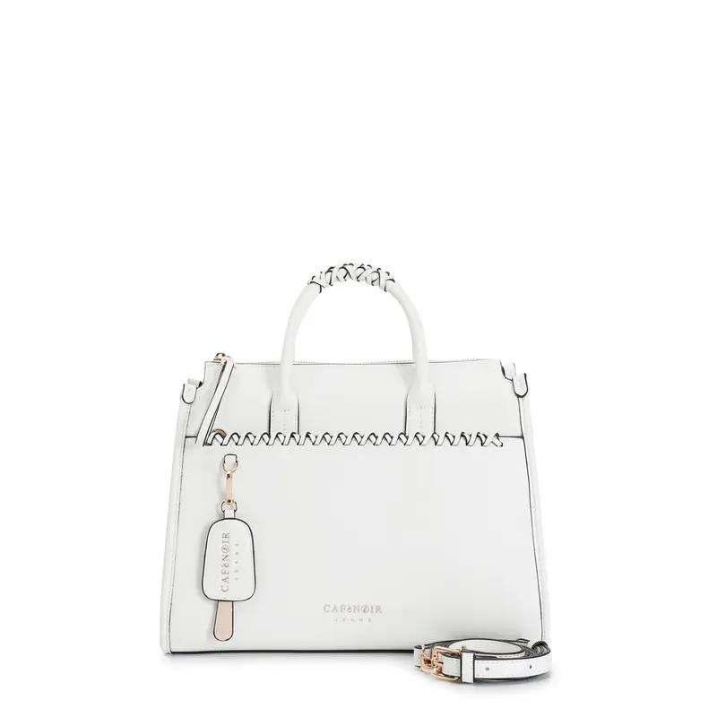 tote con manici intrecciati, tasca frontale decorata e charm bianco