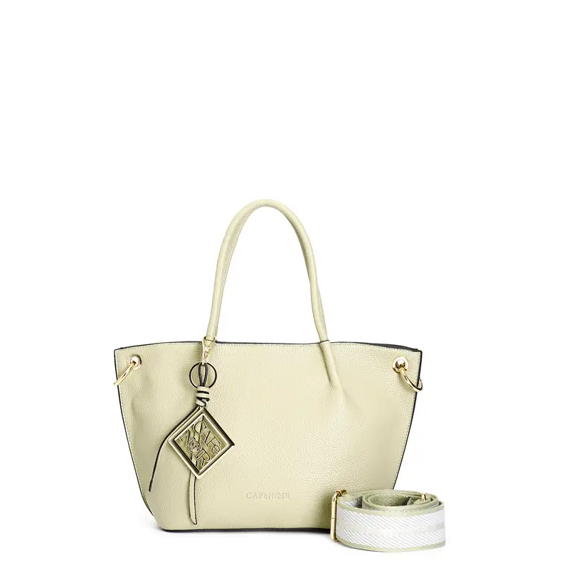 tote in materiale con grana e tracolla removibile in nastro bamboo