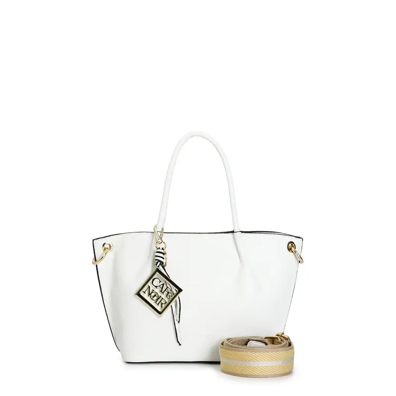 tote in materiale con grana e tracolla removibile in nastro bianco