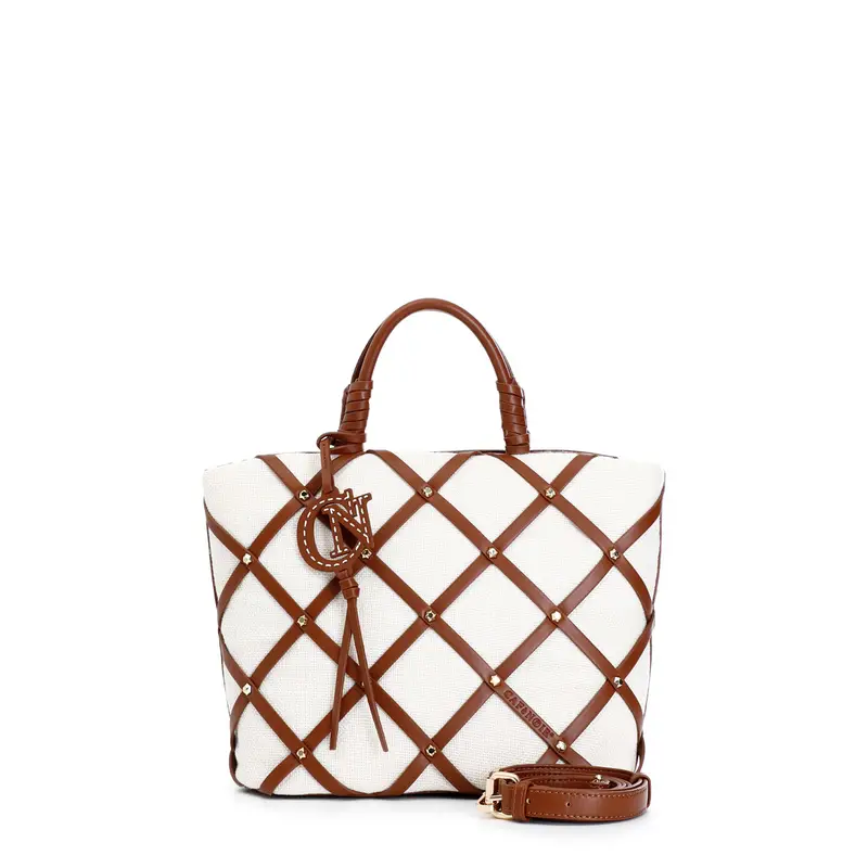 tote in tessuto con intreccio e borchiette naturale