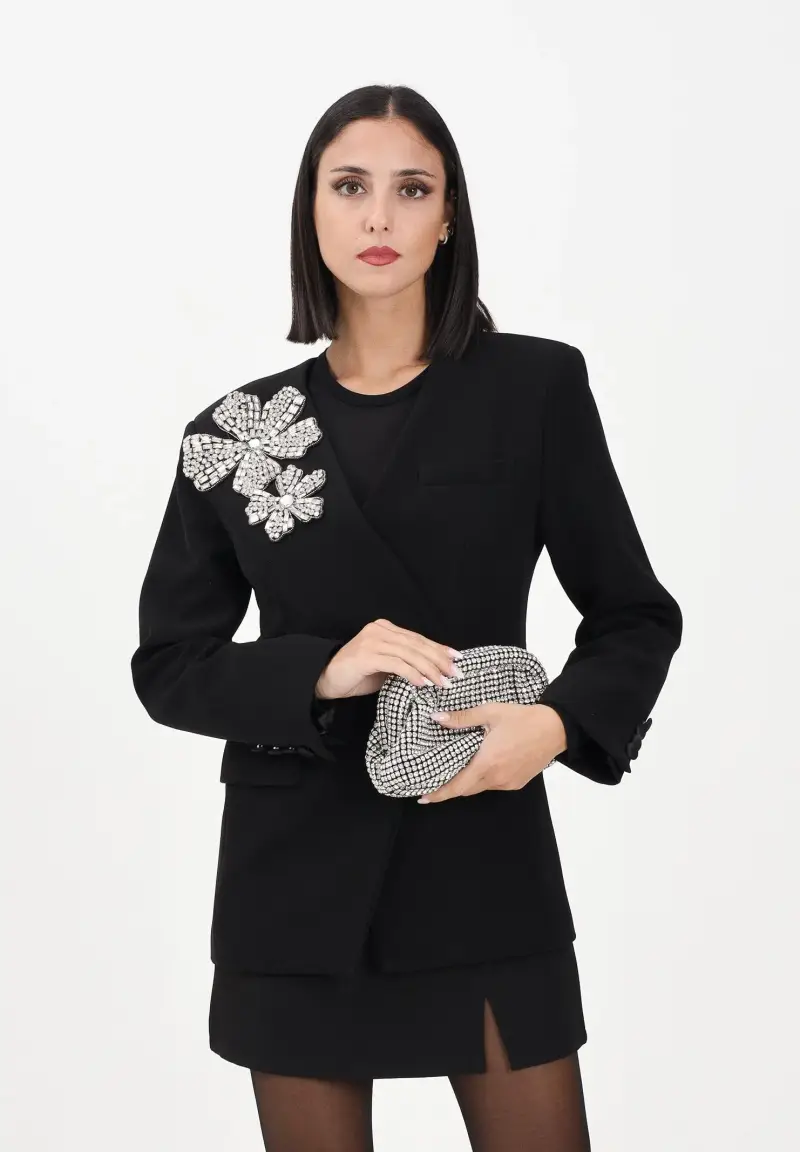 Giacca doppiopetto Arlee nera da donna con applicazione fiore in strass miniatura 2