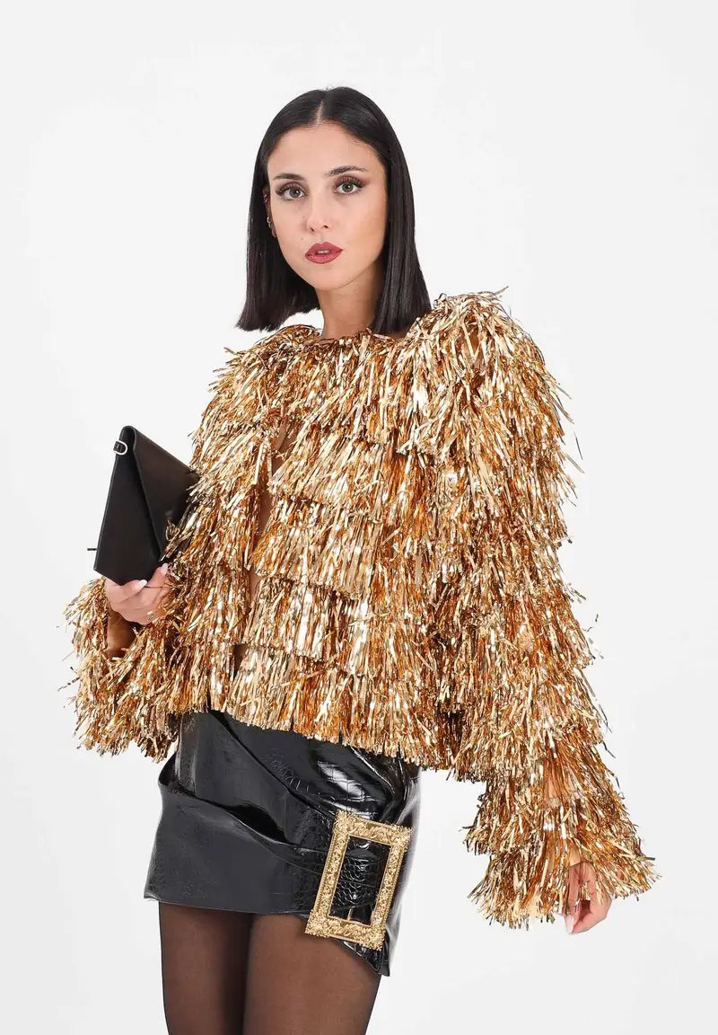Giacca oro da donna interamente ricoperta da frange miniatura 2