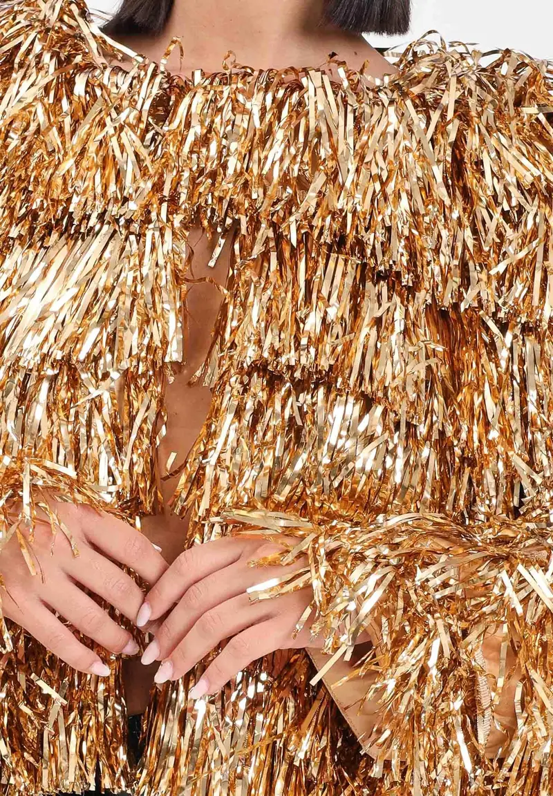 Giacca oro da donna interamente ricoperta da frange miniatura 3